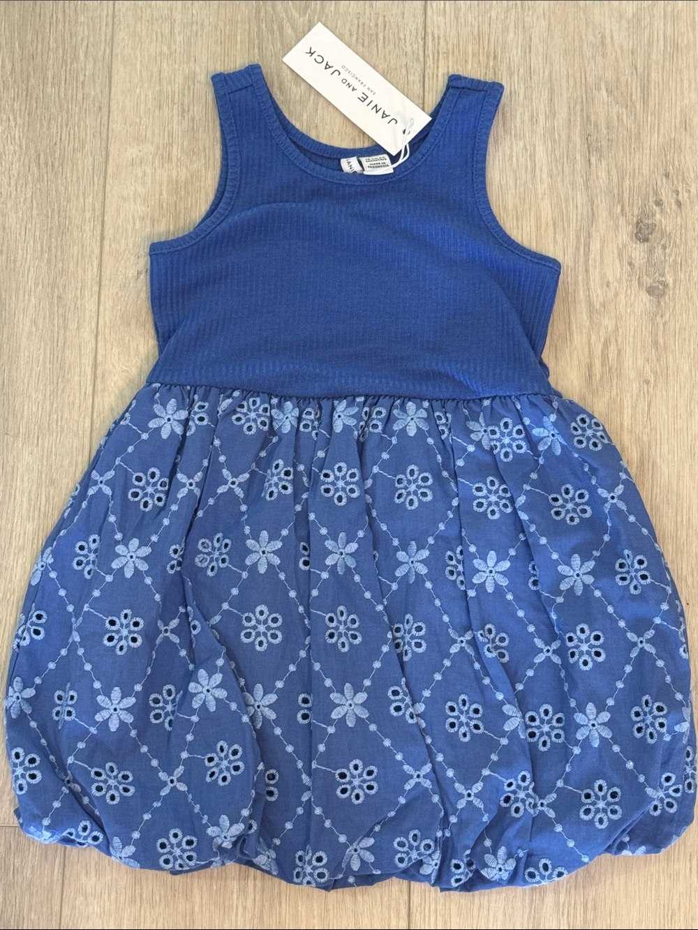 Janie and Jack Blue Ribbed Bodice Eyelet Skirt Bubble Dress NWT